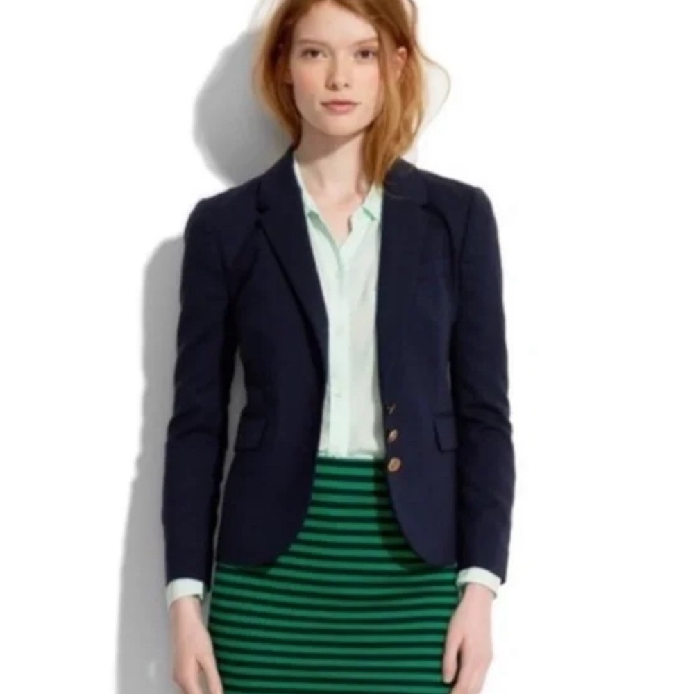 Madewell Hi Line Downtown Navy/Green Striped Pull-on Stretch Pencil Skirt Large